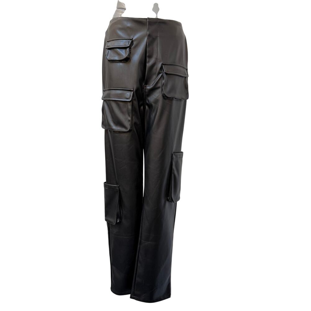 NWT AFRM Vegan Leather Cargo Pants Women's Size Medium Black